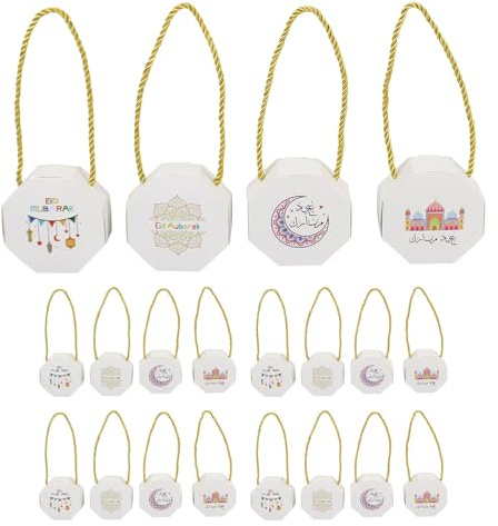 PLAFOPE 20 Stück Teiliges Eid Mubarak Party Favor Octagon Candy Box mit Praktischem Griff Wiederverwendbare Ramadan Süßigkeiten Verpackung Mond Laterne Design Edle Ramadan Geschenkbox für