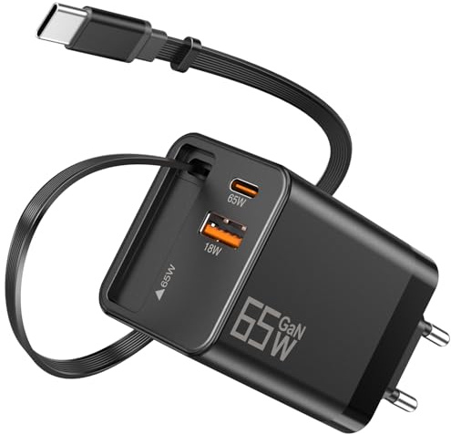 USB C Ladegerät 65W GaN Schnellladegerät Kompatibel mit MacBook Pro/Air, 3-Port USB C Netzteil mit Integriertem Einziehbarem Kabel, Kompakter Ladeadapter für iPhone 17/16/15, iPad, Samsung