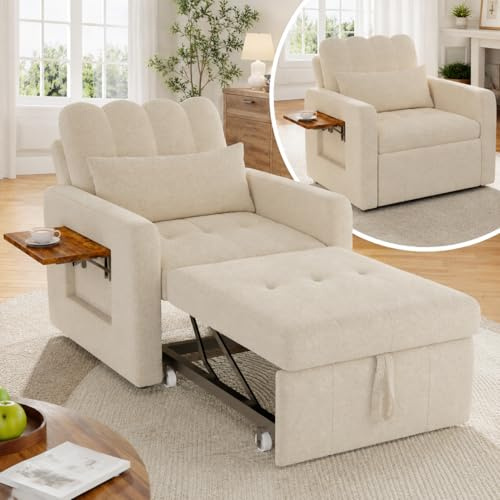 HOOGDLJ Schlafsessel 3 in 1,schlafsessel mit bettfunktion Ausziehbares Schlafsofa Schlaferstuhl mit Verstellbarer Rückenlehne Sessel mit Schlaffunktion GäStebett Klappbar mit Seitentasche (Beige)