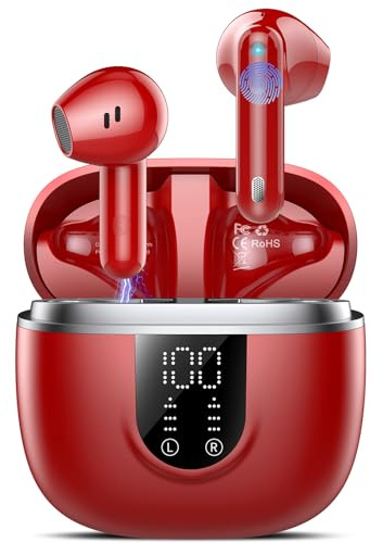 Bluetooth Kopfhörer, Kopfhörer Kabellos Bluetooth 5.4, Hi-Fi Sound in-Ear-Kopfhörer mit ENC Noise Cancelling, 45 Std Spielzeit, LED Anzeige, IP7 Wasserdicht Ohrhörer für Arbeit und Studium, Rot