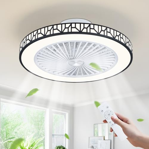 POWROL 48cm Deckenventilator 6 Gänge Wind Umkehrbar 3 Farbige LED Deckenlampe mit Ventilator Timer Lichtspeicher Geschlossene Bauweiseabnehmbar und Leicht zu Reinigen Lampe mit Ventilator Schlafzimmer