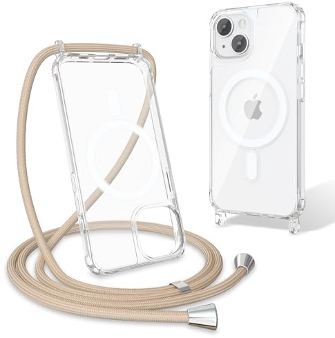 UCASONG Magnetic Clear Case with Lanyard for iPhone 15, Khaki | 6.1-Inch, Compatible with MagSafe, Clear Hard Back+Soft Bumper, Adjustable Crossbody Strap, Shockproof Protective Phone Cover