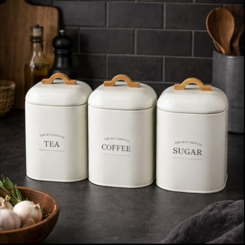 Dylex Set of 3 Tea Coffee Sugar Metal Canisters, Cream Kitchen Storage Jars with Bamboo Handle, Countertop Containers