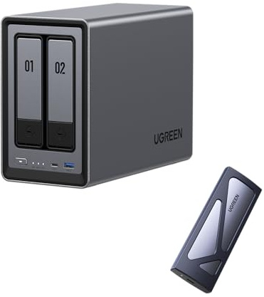 UGREEN NASync DXP2800 2-Bay NAS + M.2 NVMe Enclosure, Intel N100 Quad-Core, 8GB DDR5, 2.5GbE, 2×M.2 Slots, 4K HDMI | 10Gbps Aluminum Tool-Free, USB3.2 Gen2, UASP&TRIM (Diskless)