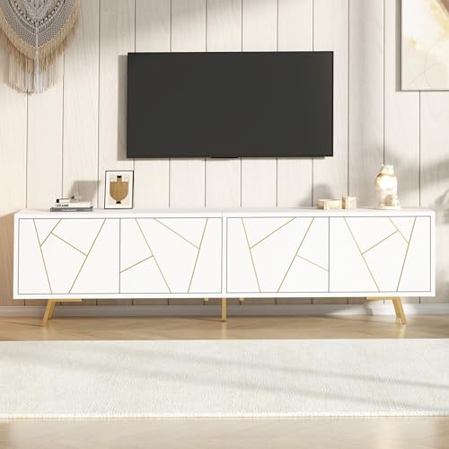 DACHETOU Mueble de TV grande para el salón con 4 puertas de armario, con 6 patas de metal, 190 x 40 x 51,5 cm, color blanco y dorado