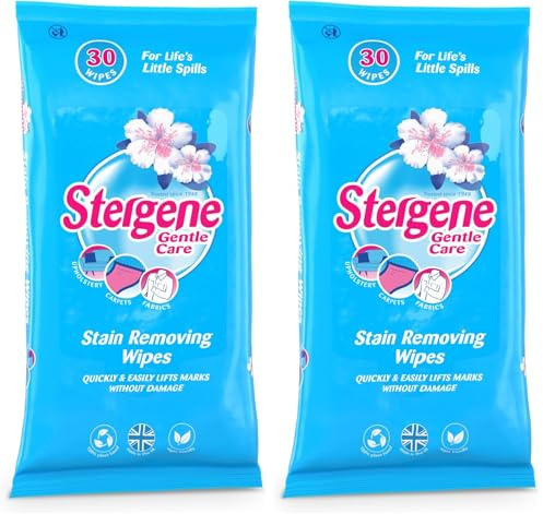 Stergene Stain Removing Wipes | 2 Packs of 30 | Removes Everyday Stains | Safe for Clothes, Carpets & Upholstery | Biodegradable | Vegan | Quick On-The-Go Solution