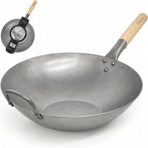 Homira Wok en Acier Carbone de 36 cm, Martelé à la Main, Fond Plat et Manche en Bois – Poêle Wok Traditionnelle sans PFAS, Tous Feux dont Induction, Gaz, Barbecue et Extérieur (Fond Plat)