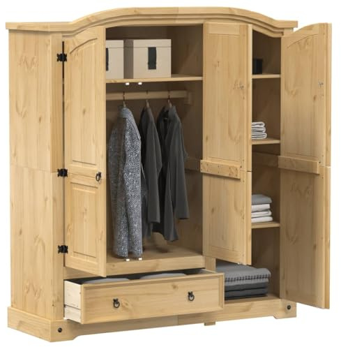 Ziaphsol Kleiderschrank Corona aus massivem Kiefernholz 151,5 x 52 x 170 cm mit Kleiderstange, Schublade, Ablagen und Metallgriffen für Schlafzimmer, Flur, Ankleidezimmer