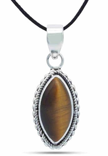 mantraroma Kettenanhänger 925 Silber Tigerauge brauner Stein Edelstein Kettenanhänger Damen Sterling Silber Halskette Anhänger Geschenk (MAH-118-18)