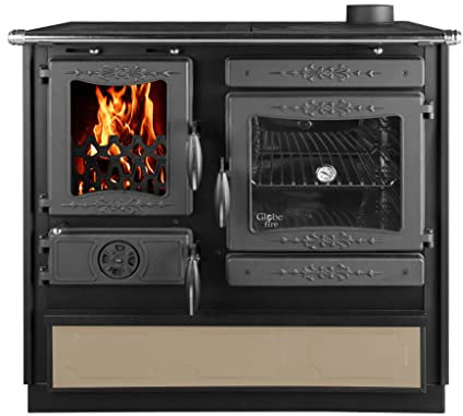 7 kW Küchenofen Globe Fire Alhena aus Gusseisen - Außenverkleidung aus Emaille - Großes Backfach und Holzfach (Rauchrohr rechts, Creme)