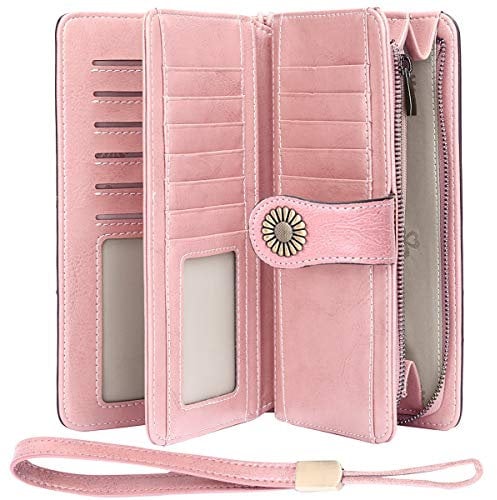 TEUEN Geldbörse für Damen, großes Fassungsvermögen, RFID-Blockierung mit Checkier, Ausweis, Kartenfächer, Organizer mit Reißverschluss für Münzen, Geschenk für Damen, Rosa, Groß, Minimalistisch