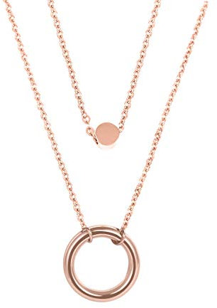 Flongo Damenkette Frauen Anhänger Ketten Halskette Zweireihige Kette mit Rundem Kreis Anhänger Mehrreihige Kette Lagenlook aus Edelstahl in Rosegold