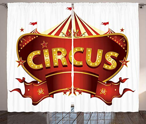 ABAKUHAUS Zirkus Rustikaler Gardine, Karneval Zeichen Nachtleben, Schlafzimmer Kräuselband Vorhang mit Schlaufen und Haken, 280 x 225 cm, Goldweiß Rot