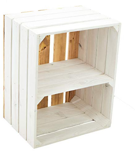 flambierte/geflammte Bücherregal - Schuhregalkiste mit Zwischenbrett/Mittelbrett Einlage ca 50x40x30cm / Apfelkisten Weinkisten Holzkisten aus dem Alten Land (Weiss FLAM Boden Weiss QUER)