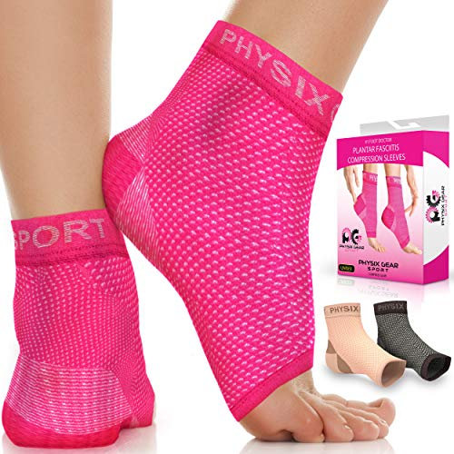 Physix Gear Kompressionsstrümpfe für Plantarfasziitis, ersetzt Plantarfasziitis, Strapping, kombiniert mit flachen Fußsohle, orthopädischen Schuhen (1 Paar Rosa S/M)