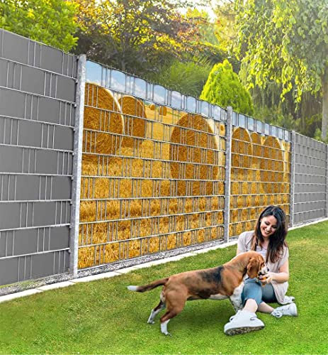 MyMaxxi Infinity Zaunsichtschutz | Heuballen Teil2 Motiv 9 Streifen | Sichtschutzstreifen für Doppelstabmattenzaun | Windschutz Sonnenschutz Blickdicht | Sichtschutz Garten | Sichtschutz
