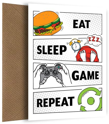 Gamer-Geburtstagskarte für Sohn, Erwachsene, Enkel, Junge, Eat Sleep Game Repeat, Gaming-Geburtstagskarte für 10-jährige Jungen, 11., 12., 13., 14., 15., 16., Eat Sleep Repeat Karte, Spiel