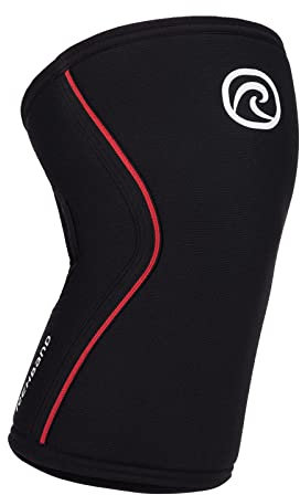 Rehband Benda per ginocchio Rx, fascia per ginocchio in neoprene da 7 mm per sollevamento pesi e powerlifting, protegge le articolazioni e stabilizza i muscoli, Colore:Nero/Rosso, Misura:M