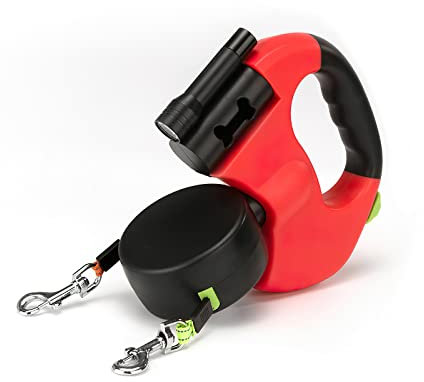 Galatée Laisse De Chien Rétractable, Laisse De Chien Extensible 3m avec Lampe De Poche LED, Double Corde De Traction Télescopique pour Petits Et Moyens Chiens De Moins De 20 Kg(Rouge)