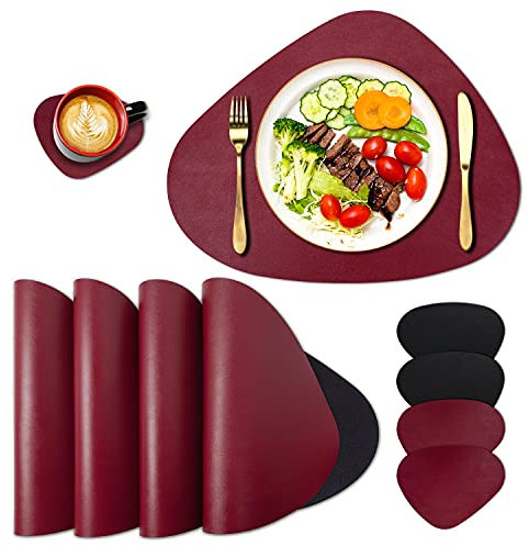 EXCOVIP PU Set di Sottobicchieri e Tovagliette Lavabili, Utilizzabili su entrambi i lati, Davanti nero, Dietro rosso natalizio, per Casa, Sala da Pranzo, Cucina, Hotel e Ufficio (Set di 4)