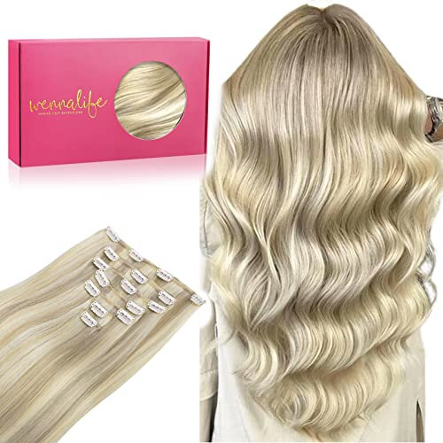 WENNALIFE Extensiones Clip Pelo Natural, 40cm 120g 7 Piezas, Rubio Ceniza Iluminado a Rubio Platino Extensiones de Clip Natural Extensiones Pelo Remy Extensiones Cabello Postizos Mujer