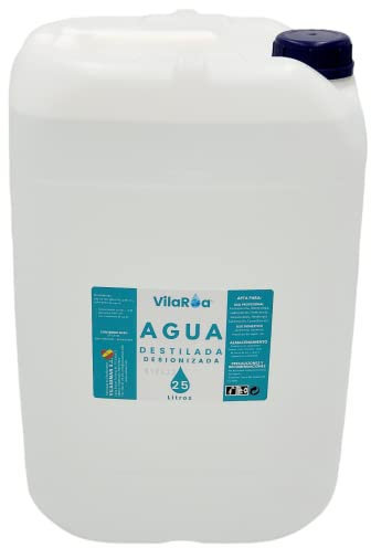 VILAROA Agua Destilada Desionizada Desmineralizada 25L, Apta para Autoclaves, CPAP, Laboratorios, Clínicas, Planchas, Humidificadores, Baterias, Conductividad Inferior a 1.29 µS/cm