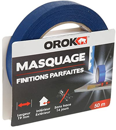 OROK - Ruban de masquage - Ruban adhésif de masquage bleu pour peinture finitions parfaites 50m x 19mm, Rouleau ruban de masquage peinture 50m x 19mm - Sans trace 14 jours - Intérieur & Extérieur