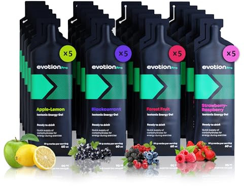 EVOTION PRO Gel Energetique - Isotonique, Lot de 20 á 60ml, D'hydratation adéquat, Activer votre Esprit et vos Muscles, Gel à Base de Maltodextrine, Vegane, Assortiment de Fruits