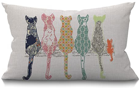BGBDEIA Cat Cushion Cover Funny Colourful Creative Cared Cats Cotton Linen Decorative Rectangular Throw Pillow Cover Pillowcase for Sofa and Bed Couch 12X20 30 x 50 cm