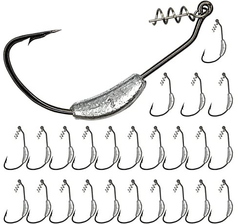 25 Stück gewichtete Swimbait Haken für Angeln, Jigköpfe mit Drehverschluss, weicher Kunststoff Wurm Angelhaken 1/0 2/0 3/0 4/0 5/0