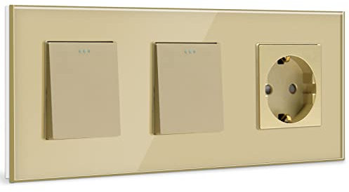 BSSED Doppio interruttore della luce con presa 1 scomparto 1 via, 10 A, pannello in vetro di cristallo con presa Schuko da 16 A, colore oro, interruttore fisico con presa elettrica da 228 mm