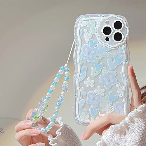 Emlivi Case for iPhone 11 Pro Max with Pearls Bracelet Flowers Fashion Mobile Phone Case Wave Protective Case Cute Strawberry Bumper Cover Soft Silicone TPU Case for iPhone 11 Pro Max, Blue Butterfly