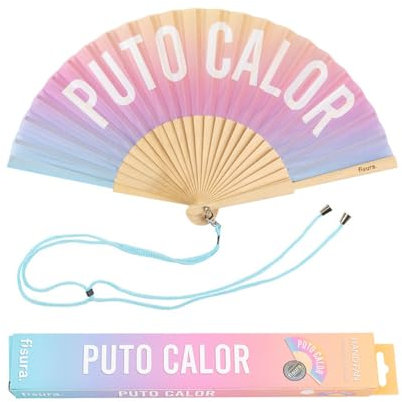 Fisura - Origineller Handfächer mit Botschaft p*to calor. Lustiger Holzfächer. Mehrfarbiger degradierter Fächer. Maße: 42,5 x 23 cm. Holz und Textil.