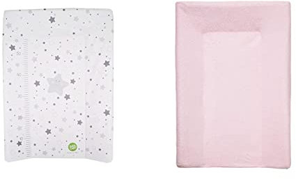 babyCalin Fasciatoio Luxury Star Grey 50 x 70 cm - Con tabella altezza stampata, 0.6 milliliters, 1 Piece, 1 & Copri Materasso Fasciatoio Rosa 50 X 70 cm