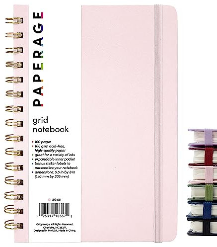 PAPERAGE Graph Paper Spiral Notebook & Journal (Blush), 160 Seiten, Medium 14,5 x 20,3 cm – 100 GSM Dickes Grafikpapier, Hardcover, Doppeldraht-Spiralnotizbuch