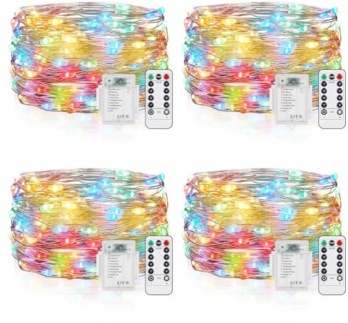 Vacoulery Guirnalda Luces Pilas, 4 Piezas 5M 50LED Luz de Cadena con Mando Timer, Alimentadas por Batería, 8 Modos de Iluminación para Exteriores, Interiores, Navidad, Bodas, Jardín