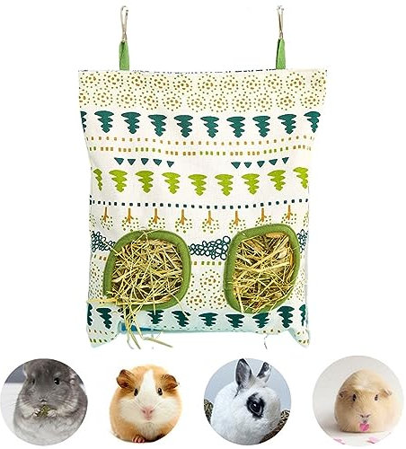 Kaninchen Heutasche, Hasen-Futterstation Heutaschen, Meerschweinchen Heutasche, Hängender Futtersack für Kleintiere, für Kaninchen/Meerschweinchen/Chinchilla (Weiß, 2 Fenster)