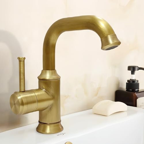 KOPYFANTAP Wasserhahn Bad Antik Messing, Retro 360° Schwenkbar Waschtischarmatur,Einhebel Mischbatterie Waschbecken mit 2 Stück Anschlussschlauch G3/8 für Badezimmer