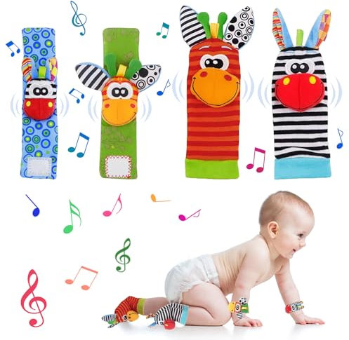 MHDUYEG Sonagli Neonato 4 Pezzi Calzini Sonagli per Bambini,Giochi Sensoriali per Neonati,Giochi Neonato Sonagli Sensoriali Regali Neonatiper Ragazze e Ragazzi 0 6 12 Mesi