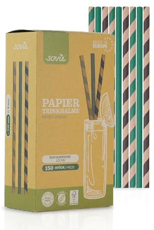 Mank Trinkhalme aus Papier, Papiertrinkhalme, Papier, Papptrinkhalme Umweltfreundlich, Robust & Vielseitig einsetzbar, Strohhalme (150, ECO Streifen-farbig-Streifen, Ø 8 mm / 23 cm)