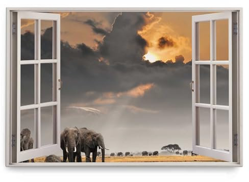 Paul Sinus Wandbild 120x80cm Fensterbild Afrika Wildnis Elefanten Natur Himmel