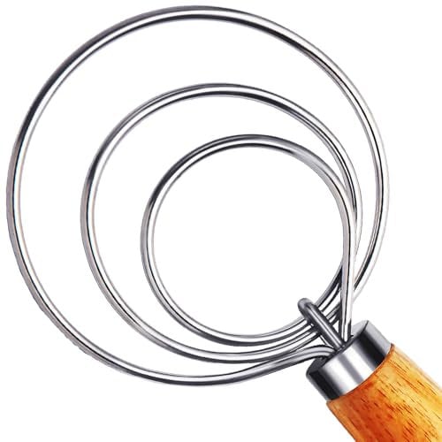 TEEVEA Fouet à pâte danois en bois avec crochet à pâte en acier inoxydable – Fouet hollandais traditionnel – Mélangeur de pâte et outils de fabrication de pain pour fournitures de cuisson au levain