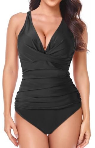 HOTUT Traje de Baño Mujer de Una Pieza, Control de Barriga Fruncido Bañador, Mujer Push Up Monokinis Cuello en V Control de Barriga, Negro - XL