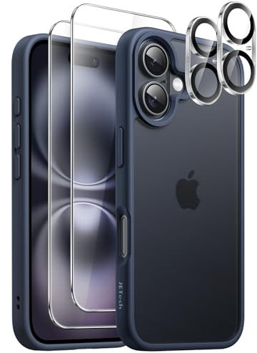 JETech 5 in 1 Matte Case for iPhone 16 6.1-Inch with 2-Pack Each Tempered Glass Screen Protector and Camera Lens Protector, Translucent Back Shockproof Phone Cover (Storm Blue)