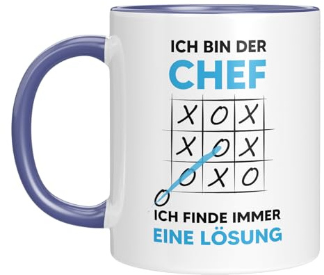 Lustige Tasse mit Spruch | Ich bin der Chef, ich finde immer eine Lösung | Mit Tic Tac Toe-Motiv | Geschenkidee für den Boss | Kaffeebecher 330 ml