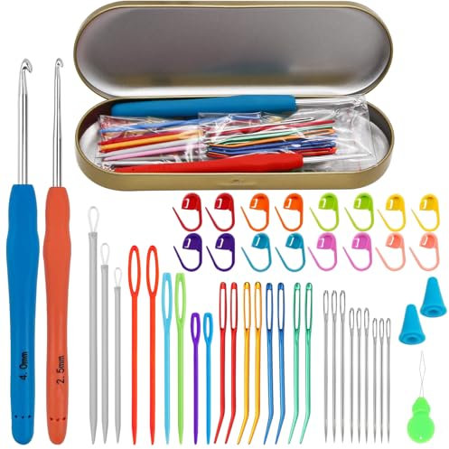 EuTengHao 65Pcs Assorted Yarn Needles Set, Bent Tapestry Needle Big Eye Blunt Knitting Needles Weaving Darning Needles Crochet Hooks with Stitch Markers with Storage Box for Knitting Crochet Sewing