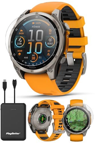 Garmin Fenix 8 AMOLED Sapphire (47 mm, titanio/naranja chispa) paquete de reloj inteligente GPS multideportivo, pantalla táctil de 1.4 pulgadas, linterna LED integrada con cargador portátil PlayBetter