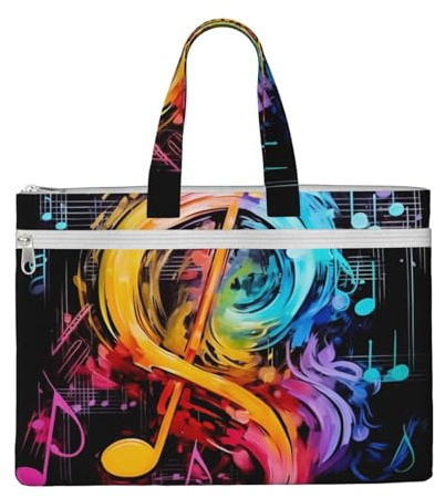 ULKMFFCF Bunte Dokumententasche mit Musiknoten aus bedrucktem Segeltuch, mit Reißverschluss, Aktentasche, Handtasche, Aktentasche mit Griff, für Schule, Büro, Reisen, Schwarz , Einheitsgröße