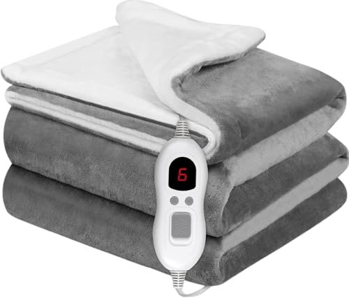 HomeVibe Heated Electric Blanket Throw - Double Layer Fast Heating, Adjustable Heat Settings, Ultra Soft Throw for Couch, Bed, Sofa - Auto-Off & Overheating Protection, Grey