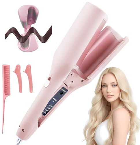 Big Wave Hair Curler, Afenau 32mm French Wave Curling Iron with 4 Gears Temperature Fast Heating, V Shaped Hair Curling Iron 160°C and 220°C,French Egg Roll Curling Iron for All Hair Types (Pink)